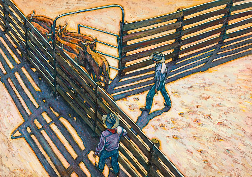 Howard Post (American, b. 1948) 'Sorting Cattle': Howard Post (American, b. 1948) 'Sorting Cattle' 1986 Oil on canvas ; 42 x 60 (in) Signed H E Post ©, lower left Suzanne Brown Gallery tag, verso