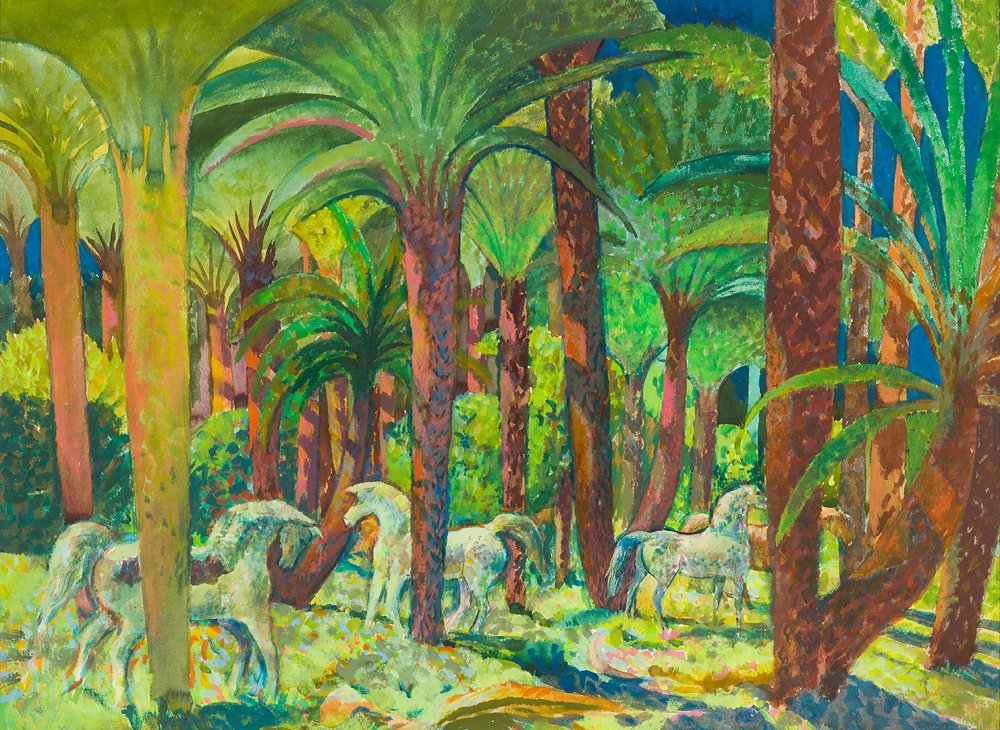 Millard Sheets (American, 1907-1989) 'Stallions and: Millard Sheets (American, 1907-1989) 'Stallions and Date Palms' Watercolor on paper ; 21.5 x 29.5 (in) Signed Millard Sheets, lower left Provenance: Private collection in Malibu, California passed thr