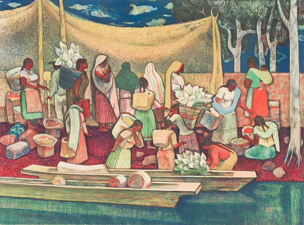 Millard Sheets (American, 1907-1989) 'The Island People: Millard Sheets (American, 1907-1989) 'The Island People of Janitzio (Landing at Patzcuaro)' 1983 Lithograph PP VII; ed. of 100; 16.75 x 22.75 (in) Signed in pencil Millard Sheets, lower right