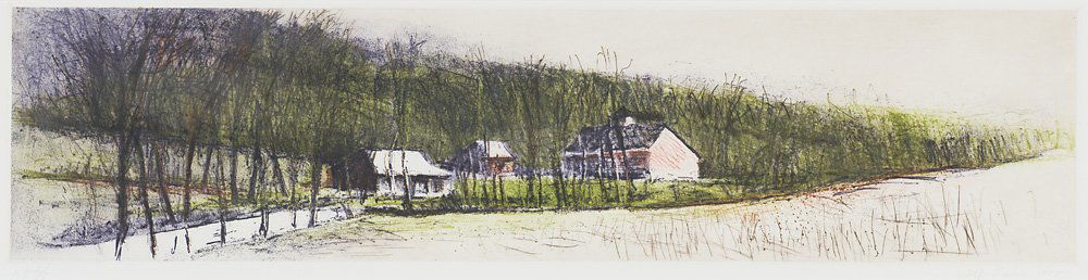 Wolf Kahn (American/German, b. 1927) 'Farm in the: Wolf Kahn (American/German, b. 1927) 'Farm in the Floodplain' 1988 Etching AP IV of X; ed. of 36; 6.25 x 24.75 (in) Signed and dated in pencil Wolf Kahn 1988, lower right