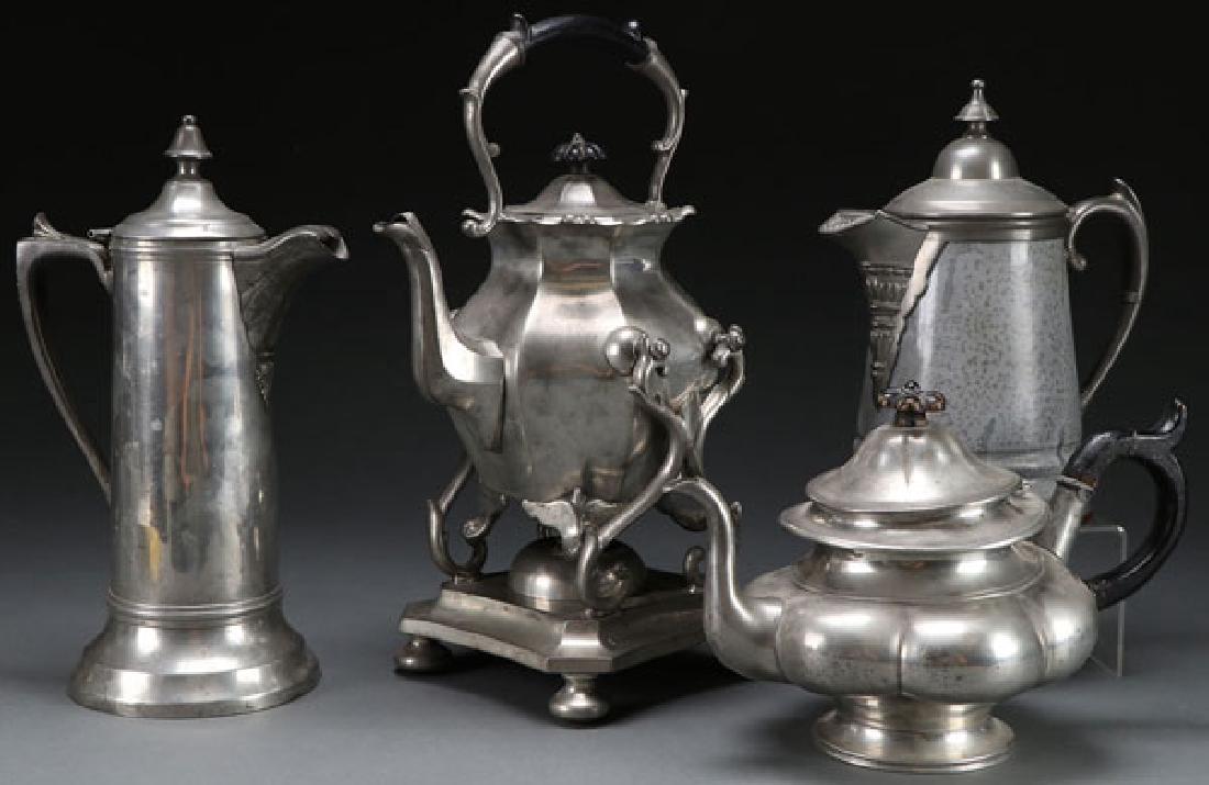 4 PC AMERICAN PEWTER TABLEWARES: A FOUR PIECE GROUP OF AMERICAN PEWTER SERVING WARES, 19TH CENTURY. Comprising an early flagon with foliate spout, a Reed & Barton tilting hot water server, a copper bottom gray granite coffee pot with