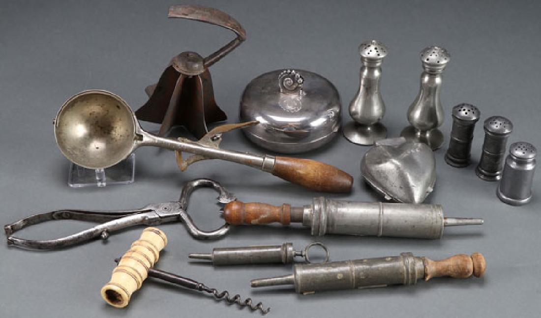 A COLLECTION OF PRIMITIVE KITCHEN UTENSILS: A COLLECTION OF PRIMITIVE KITCHEN UTENSILS, 19TH CENTURY. Comprising a Geer ice cream dipper, a Napier Art Deco earring box, various salt and pepper shakers, a pair of early sugar tongs, an ivory hand