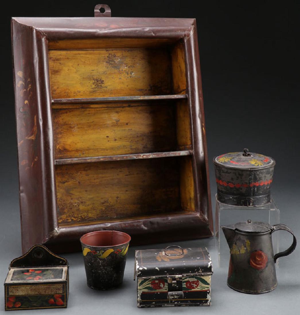 A GOOD COLLECTION OF 19TH CENTURY TOLEWARE: A GOOD COLLECTION OF 19TH CENTURY TOLEWARE. Six pieces tole-painted tin ware comprising a three shelf spice rack, a matchbox, a tumbler, small casket, covered jar, and a syrup. The largest height 17 i