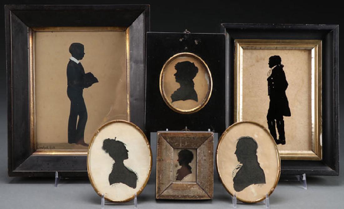 A GROUP OF AMERICAN AND BRITISH SILHOUETTES: A GROUP OF AMERICAN AND BRITISH SILHOUETTES, 19TH CENTURY. Comprised of a Portrait of William Cusworth of Topsham, attributed to Samuel Metford (British 1810-1896), black paper and wash heightened wit