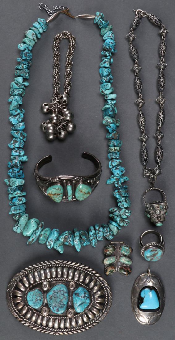 8 PIECE SOUTHWEST NATIVE AMERICAN JEWELRY: AN EIGHT PIECE GROUP OF MOSTLY SOUTHWEST NATIVE AMERICAN JEWELRY. Comprising a 22 inch turquoise nugget necklace, a silver and turquoise buckle inscribed C. Dale, a turquoise and silver bangle, a Sant