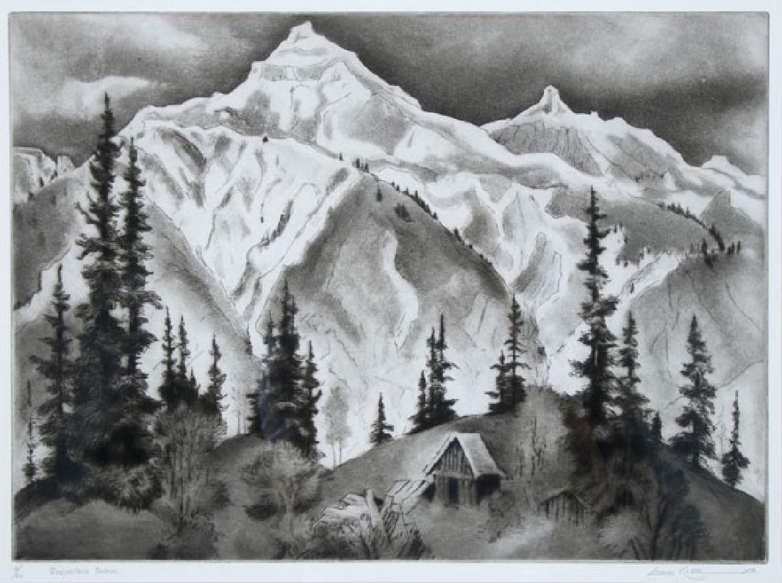 GENE KLOSS SOUTHWEST ETCHING: GENE KLOSS(American 1903-1996) Prospector's Place Etching and drypoint Signed in pencil lower right and titled and numbered 18/50 lower left Image 12.75 inches x 17.75 inches SHIPPING NOTICE: