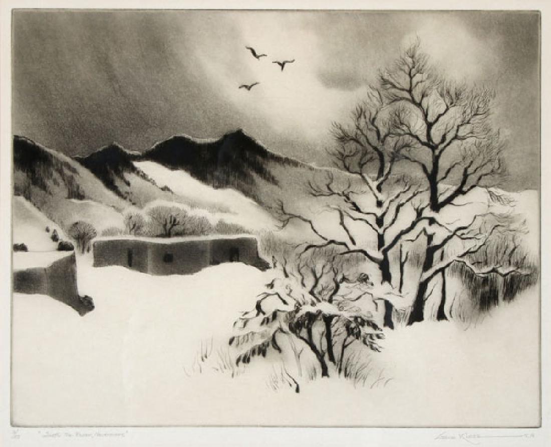 A GROUP OF THREE SOUTHWEST ETCHINGS BY GENE KLOSS: A GROUP OF THREE SOUTHWEST PRINTS BY GENE KLOSS (American 1903-1996). Comprised of Quoeth the Raven, Nevermore, etching and drypoint, signed in pencil lower right and titled and numbered 3/50 lower le
