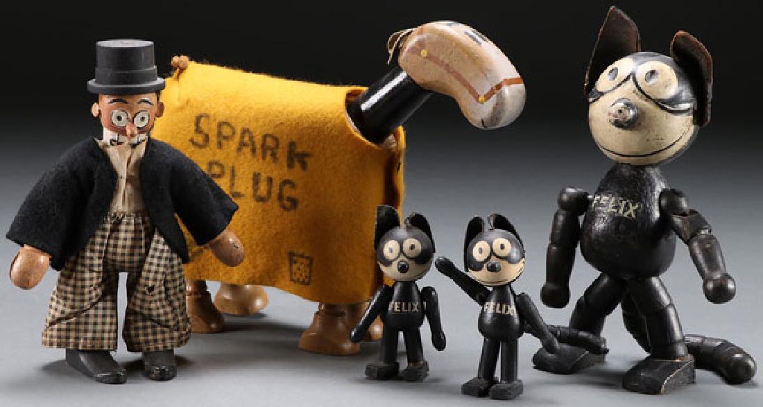A SCHOENHUT BARNEY GOOGLE AND FELIX GROUP: A SCHOENHUT BARNEY GOOGLE AND FELIX GROUP, EARLY 20TH CENTURY. Comprising a Spark Plug with Barney Google, and three Felix figures each in polychrome jointed wood. Barney Google height 8 inches (20.3 