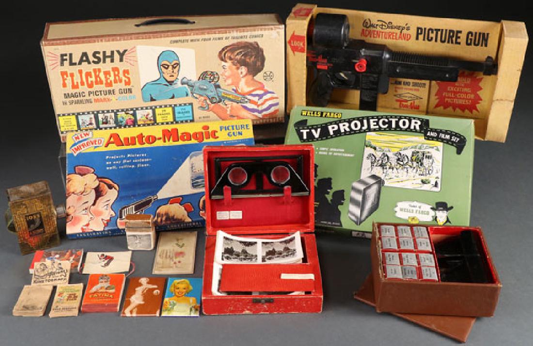 EARLY TELEVISION RELATED TOYS: A COLLECTION OF EARLY TELEVISION RELATED TOYS AND VISUAL AIDS, MID 20TH CENTURY. Comprising a Marks “Flashy Flickers” in original box, a Disney Adventureland picture gun with original box by Sawy
