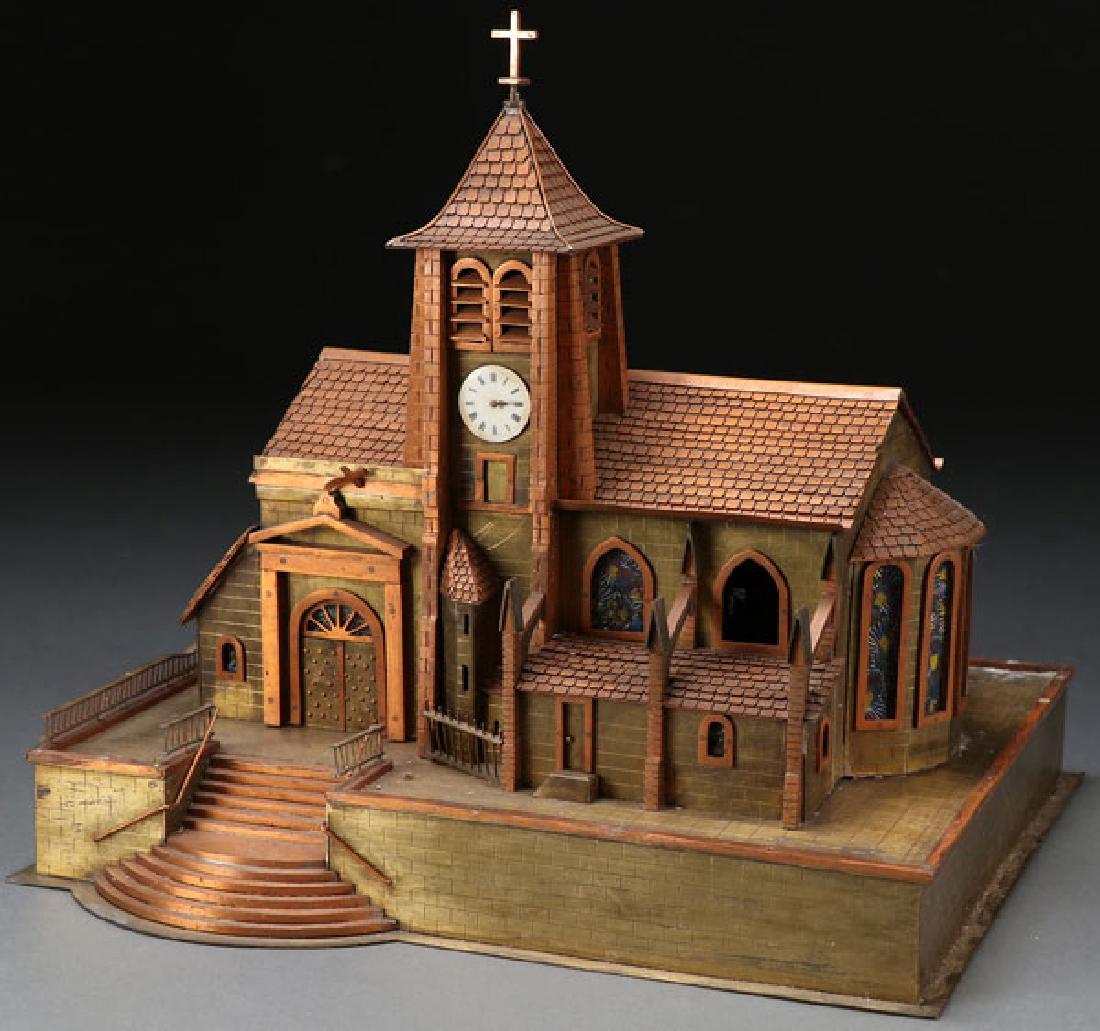 FRENCH ARCHITECTURAL CLOCK BY HURET: AN INTERESTING FRENCH ARCHITECTURAL “CHAPEL” CLOCK, MID 20TH CENTURY. Realistically modeled with shake roof, masonry joints and shaped millwork in copper and brass and illuminated with stained gla