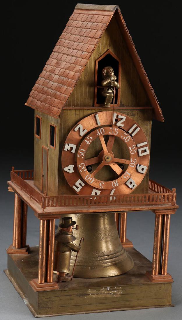 FRENCH ARCHITECTURAL CLOCK BY HURET: AN INTERESTING FRENCH ARCHITECTURAL FORM NOVELTY CLOCK, MID 20TH CENTURY. In the form of a bell tower with figural bell ringer. Constructed in brass and copper with electric movement, inscribed on bas