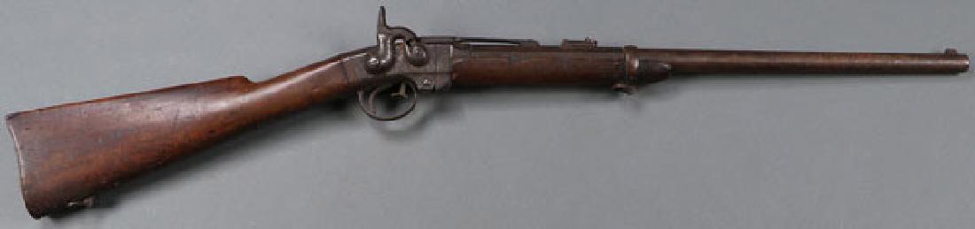 A GOOD CIVIL WAR SMITH SADDLE RING CARBINE: A GOOD CIVIL WAR SMITH SADDLE RING CARBINE. .50 caliber, 21 ½ inch octagonal-to-round barrel, serial number 1930, fixed front sight, rear ladle sight, smooth hardwood stock, left side mounted ring ba