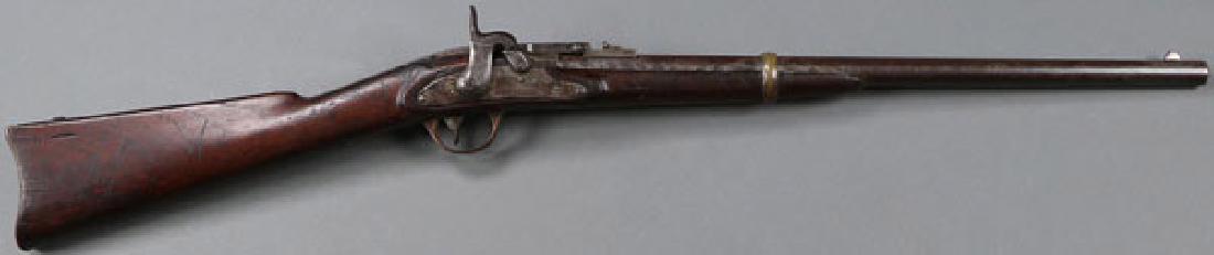 A CIVIL WAR MERRILL CARBINE 2ND TYPE: A CIVIL WAR MERRILL CARBINE 2ND TYPE. .54 caliber percussion, 22 inch barrel, lockplate dated 1863, serial number 12776, inspector’s cartouche visible of left side above sling bar, brass trigger gu