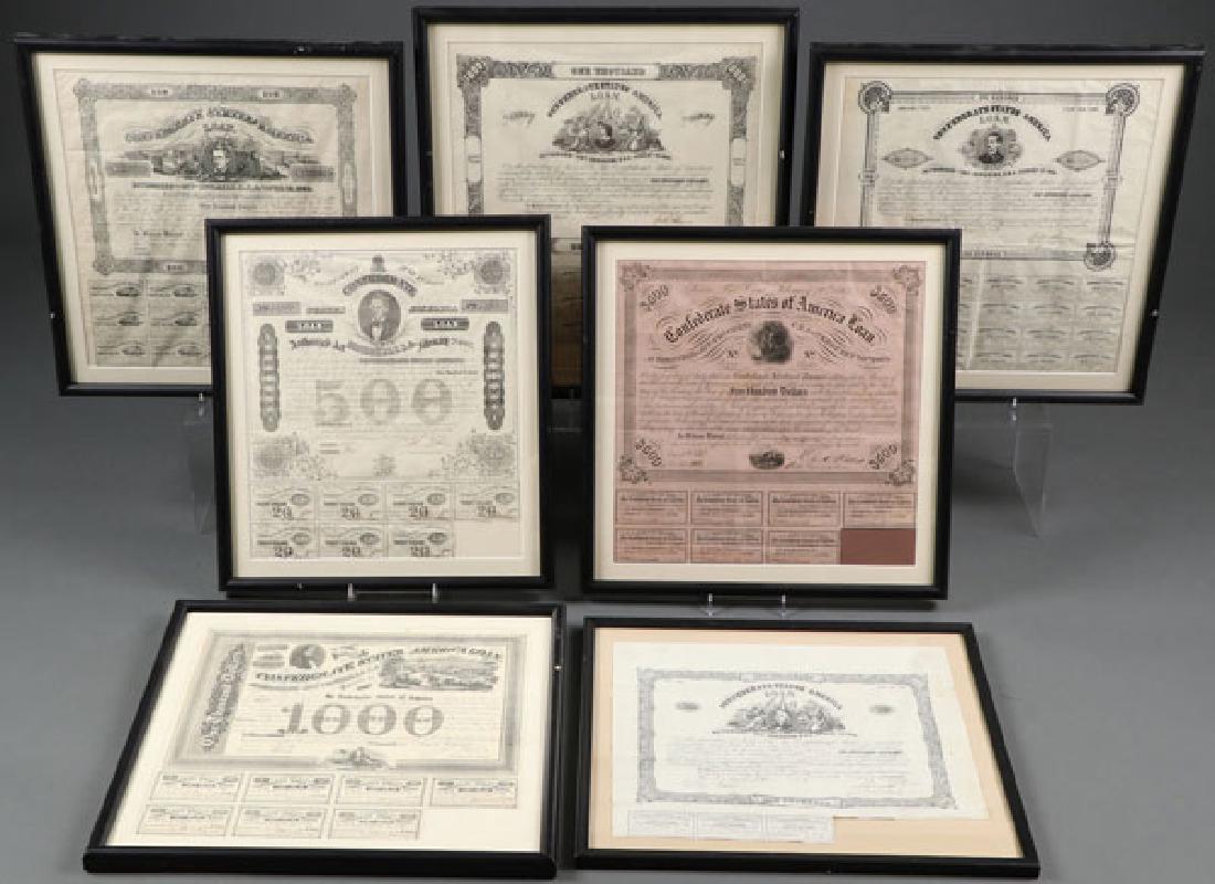SEVEN CONFEDERATE CIVIL WAR BONDS: A GROUP OF SEVEN CONFEDERATE WAR BONDS, CIRCA 1861-1863. Comprising various amounts. Each finely engraved, with vignettes depicting Confederate personalities such as Jefferson Davis, Lucy Pickens, and