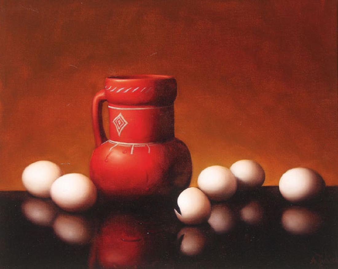 A PAIR OF STILL LIFE PAINTINGS BY AL JACKSON, 20TH C.: AL (ALFRED) JACKSON(American 1940-2001) Still Life with Southwest Jug and Eggs and Still Life with Bowl of Fruit - a pair Oil on canvas Signed lower right "A. Jackson" 16 inches x 20 inches (41 x 51 c
