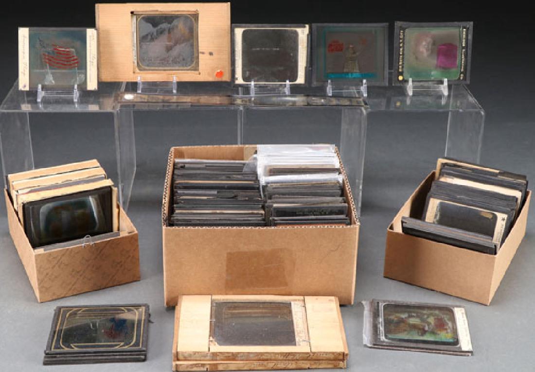 A COLLECTION OF MAGIC LANTERN GLASS SLIDES: A COLLECTION OF MAGIC LANTERN GLASS SLIDES, LATE 19TH/EARLY 20TH CENTURY. 178 pieces including early motion picture title cards, occupational scenes, farming scenes, humorous series, and some black r