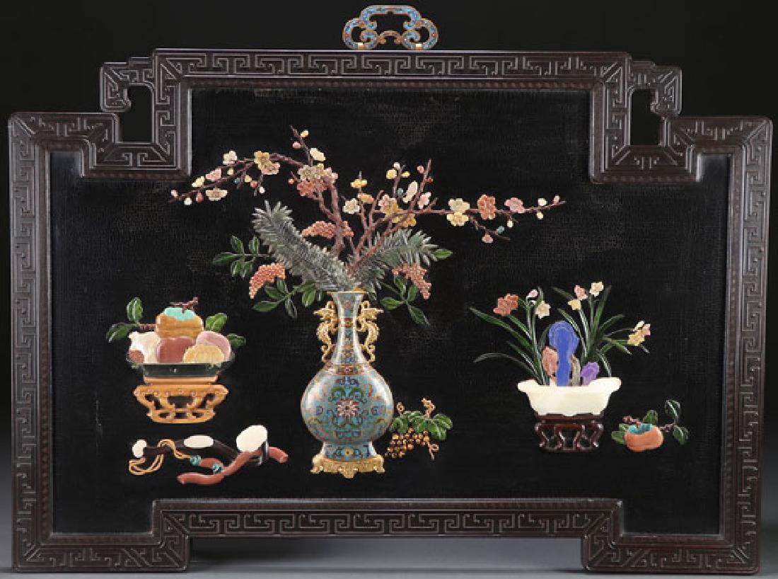 CHINESE HARDSTONE CLOISONNE & CARVED WOOD SCREEN (1 of 5)