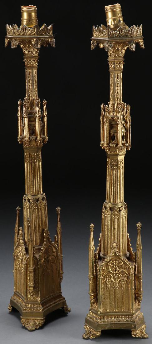 A PAIR OF GILT BRONZE GOTHIC STYLE CANDLE STANDS (1 of 1)