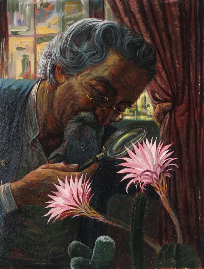 OTTO VITALLI (GERMAN 1872-1959) OIL PORTRAIT PAINTING: OTTO VITALLI(German 1872-1959) Portrait of a Botanist Examining a Flowering Cactus - 1933 Oil on artist board Signed lower left and dated 1933 19.75 inches x 15.25 inches (50 x 38.5 cm) SHIPPING NOTIC