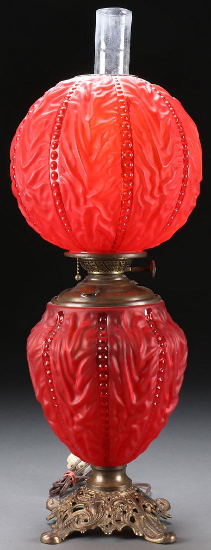RED "BEADED DRAPE" VICTORIAN PARLOR LAMP (1 of 1)