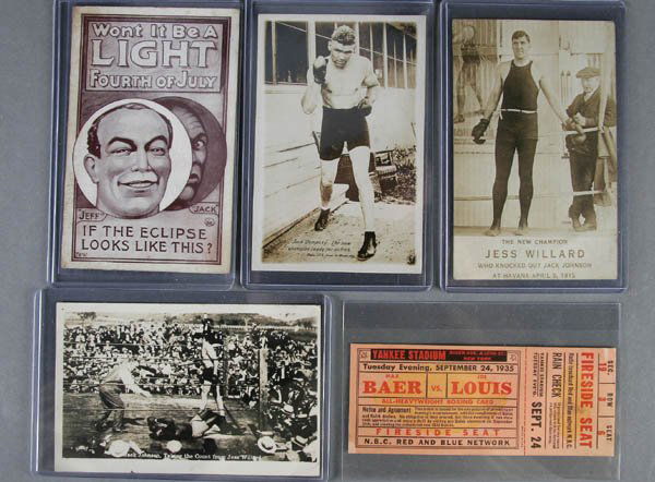 6 BOXING ITEMS including Bear vs. Louis ticket, J: 6 BOXING ITEMS including Bear vs. Louis ticket, Jack Johnson, Jess Willard, Joe Louis, and Jack Dempsey. 3 are real photo. Good to excellent condition. Estimate $200-$250
