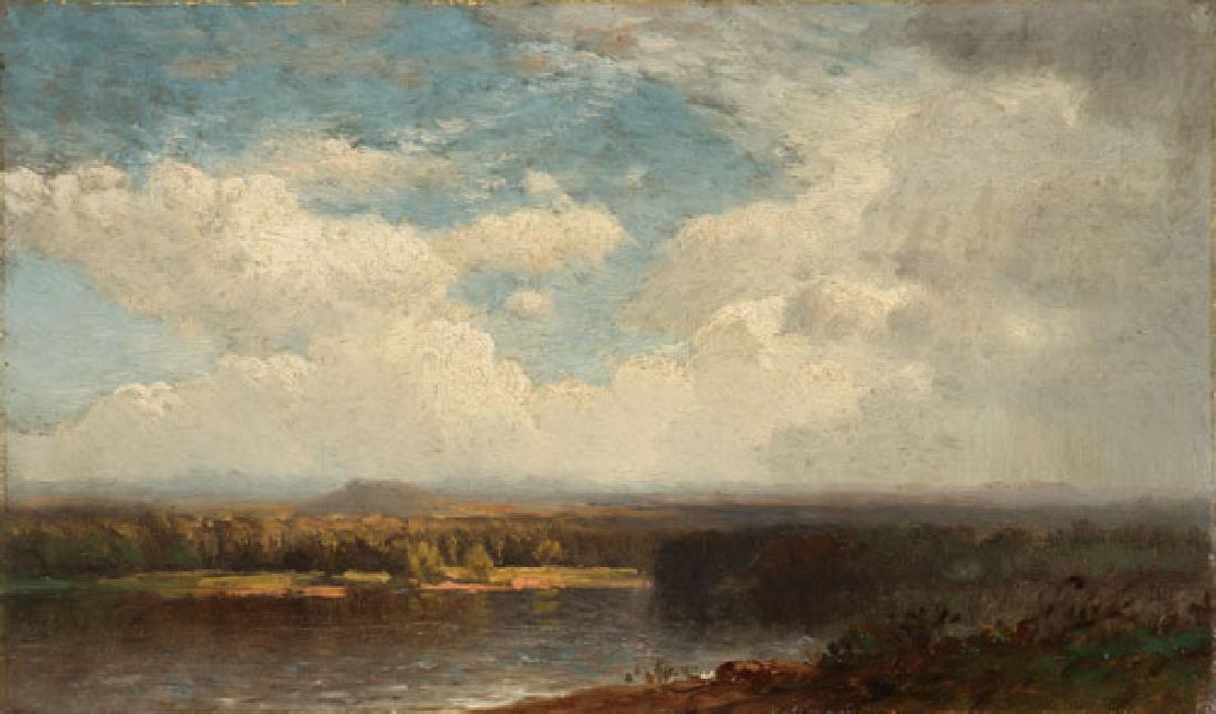 SAMUEL COLMAN OIL PAINTING - NOTMAN COLLECTION: SAMUEL COLMAN(American 1832-1920)Hudson River Valley Landscape Oil on cardstockApparently unsigned 7.5 inches x 12.5 inchesProvenance:Presumably from the artist to George and Katherine