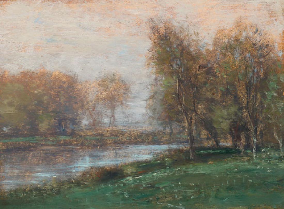 PAIR OF HUDSON RIVER SCHOOL PAINTINGS CIRCA 1890: AMERICAN SCHOOL(19th century) A Barbizonesque Summer Landscape and Cows and Sheep in Meadow - a pair Both oil on board Both unsigned 9.5 inches x 12.75 inches and 5 inches x 7.5 inches Provenance: