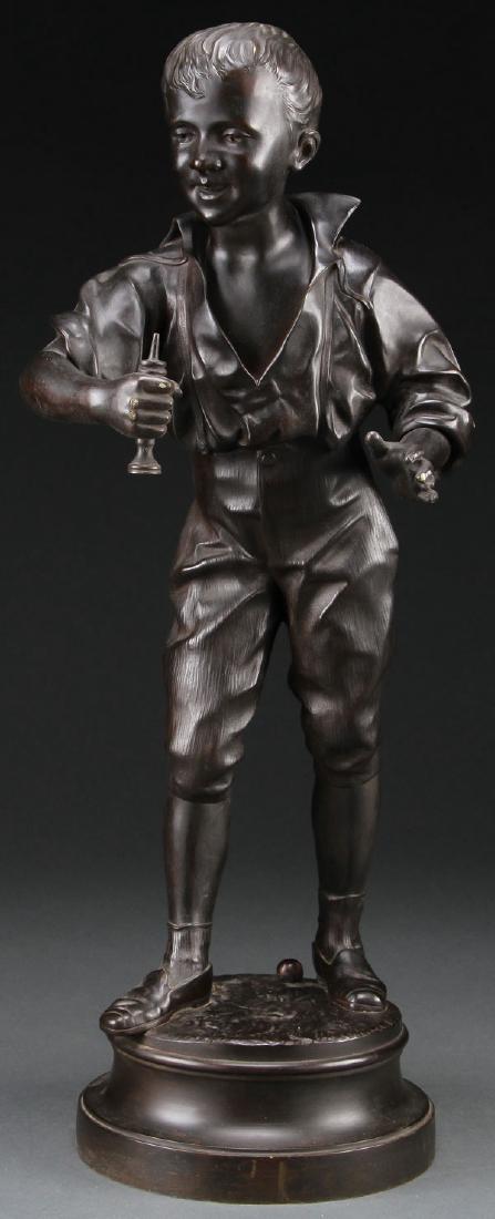 BRONZE OF A BOY, AFTER ADOLPHE LAVERGNE: After ADOLPHE JEAN LAVERGNE(French 1852-1901)Joueur de bilboquet Patinated bronze figure of a young boy with stick and ball gameInscribed on base LAVERGNEHeight 23.5 inches (59.7 cm) SHIPPIN