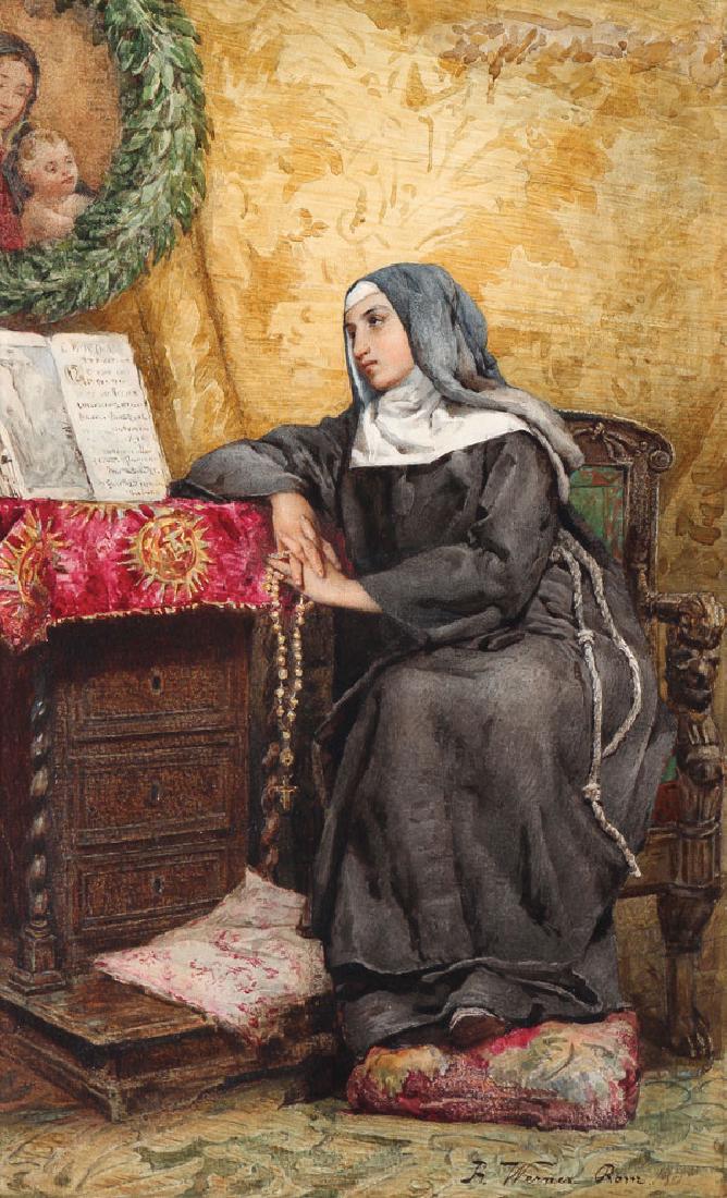 EXCEPTIONAL SIGNED GERMAN WATERCOLOR CIRCA 1875: FRITZ WERNER(German 1827-1908)A Prayerful Moment - circa 1875 WatercolorSigned lower right12 inches x 7.5 inches (30.5 x 19.2 cm) SHIPPING NOTICE:Jackson's is your sole and on