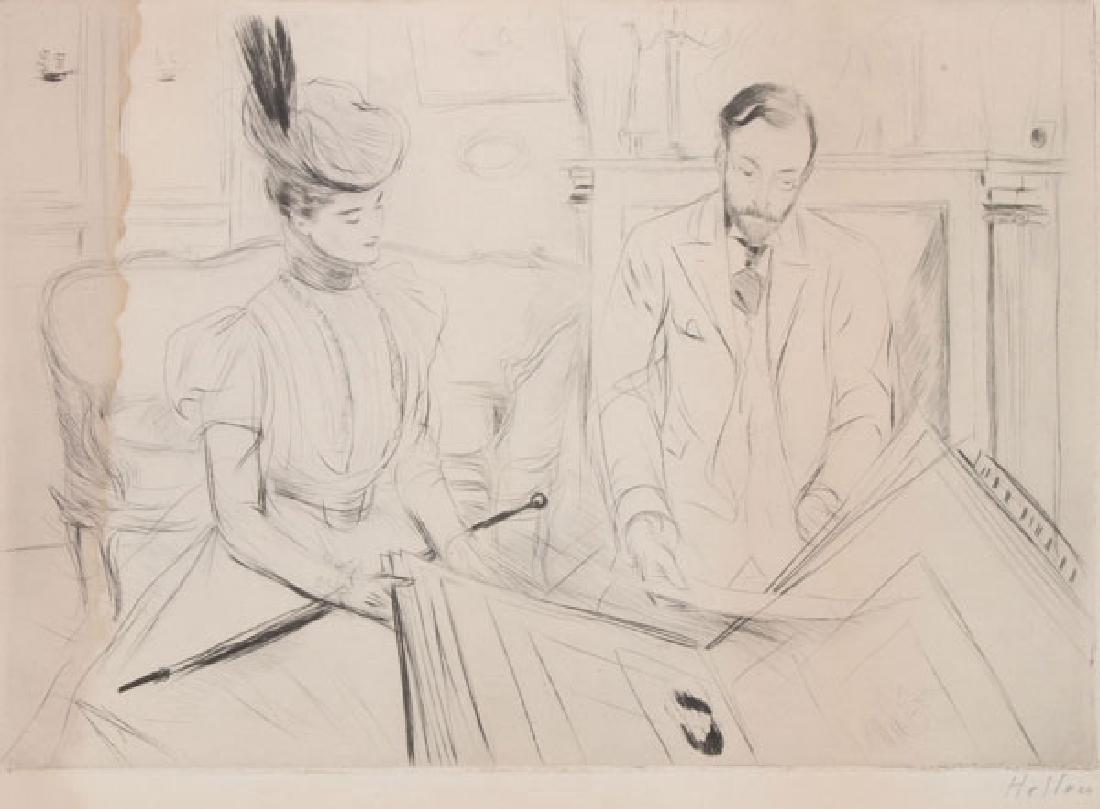 PAUL-CESAR HELLEU ETCHINGS - NOTMAN COLLECTION: PAUL-CESAR HELLEU(French 1859-1927) Print Connoisseurs, Woman Sleeping on a Sofa, and Madame Helleu Devant Les Dessins de Watteau au Louvre (Madame Helleu Before the Watteau Drawings in the Louvre) - 