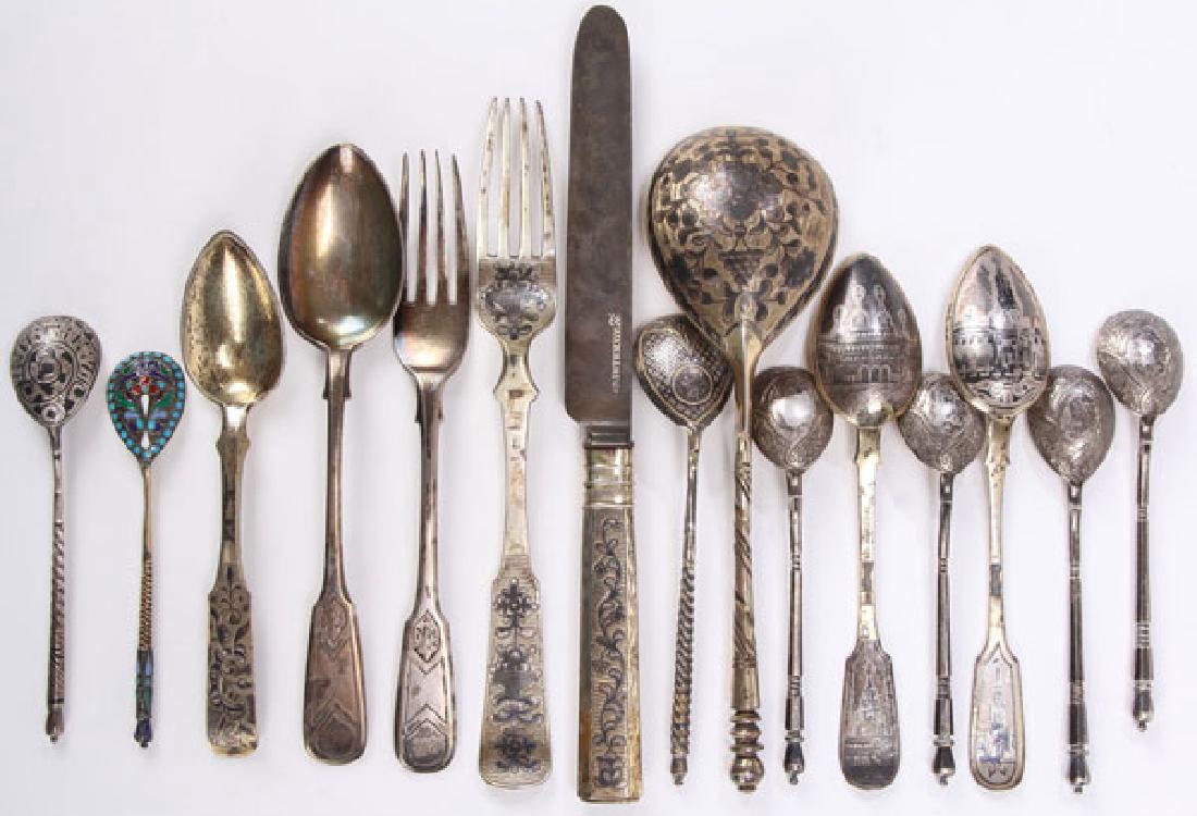 A FIFTEEN PIECE SET OF MIXED RUSSIAN SILVER (1 of 5)