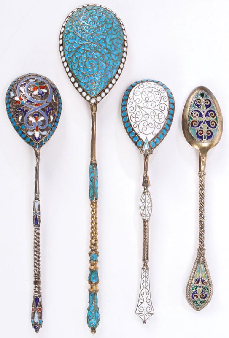 FOUR SILVER AND ENAMELED SPOONS, RUSSIAN (1 of 5)