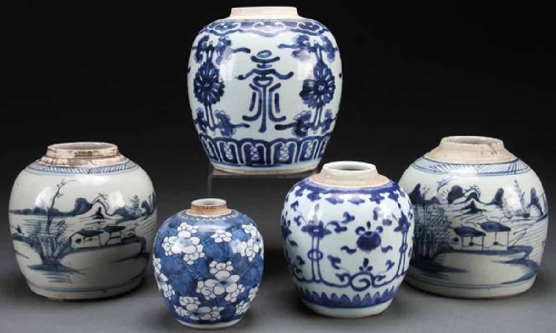 FIVE CHINESE BLUE WHITE PORCELAIN JARS (1 of 1)