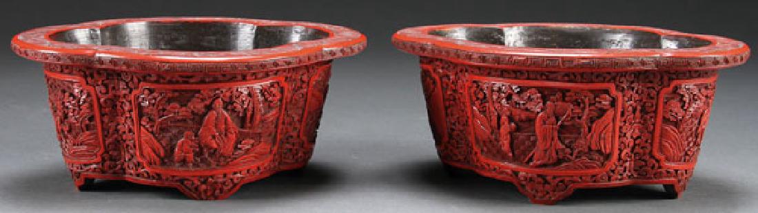 A PAIR OF CHINESE CARVED CINNABAR PENJINGS (1 of 8)