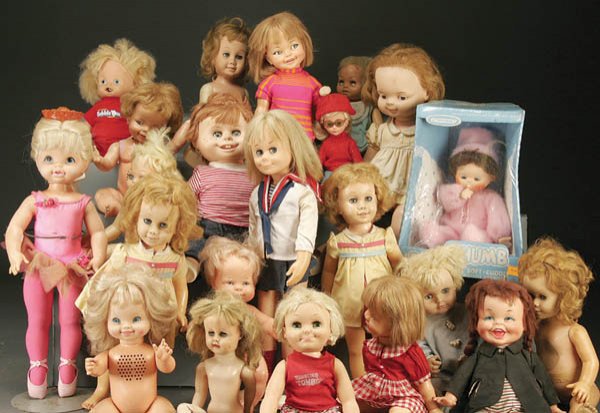 25 VINYL AND HARD PLASTIC DOLLS featuring Chatty: 25 VINYL AND HARD PLASTIC DOLLS featuring Chatty Cathy, Chatty Baby and others. Some parts missing and voice boxes are not functional. Estimate $100-$150