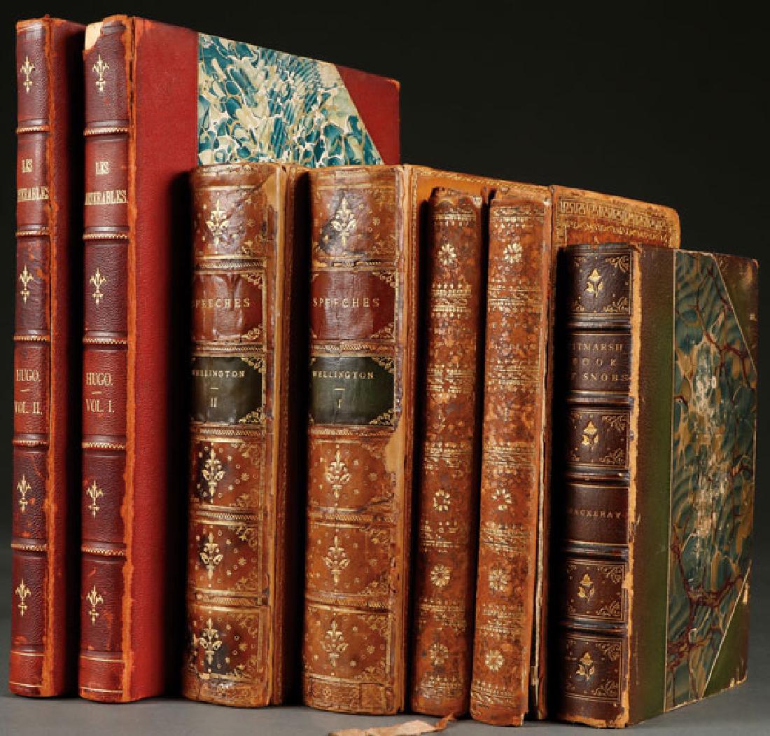 18TH/19TH CENTURY HISTORICAL BOOKS AND NOVELS: 18TH/19TH CENTURY HISTORICAL BOOKS AND NOVELS. Seven books comprising two volumes Les Miserable by Victor Hugo, 1866, Lacroix, Paris with illustrations by Brion, bound with half Moroccan leather and m