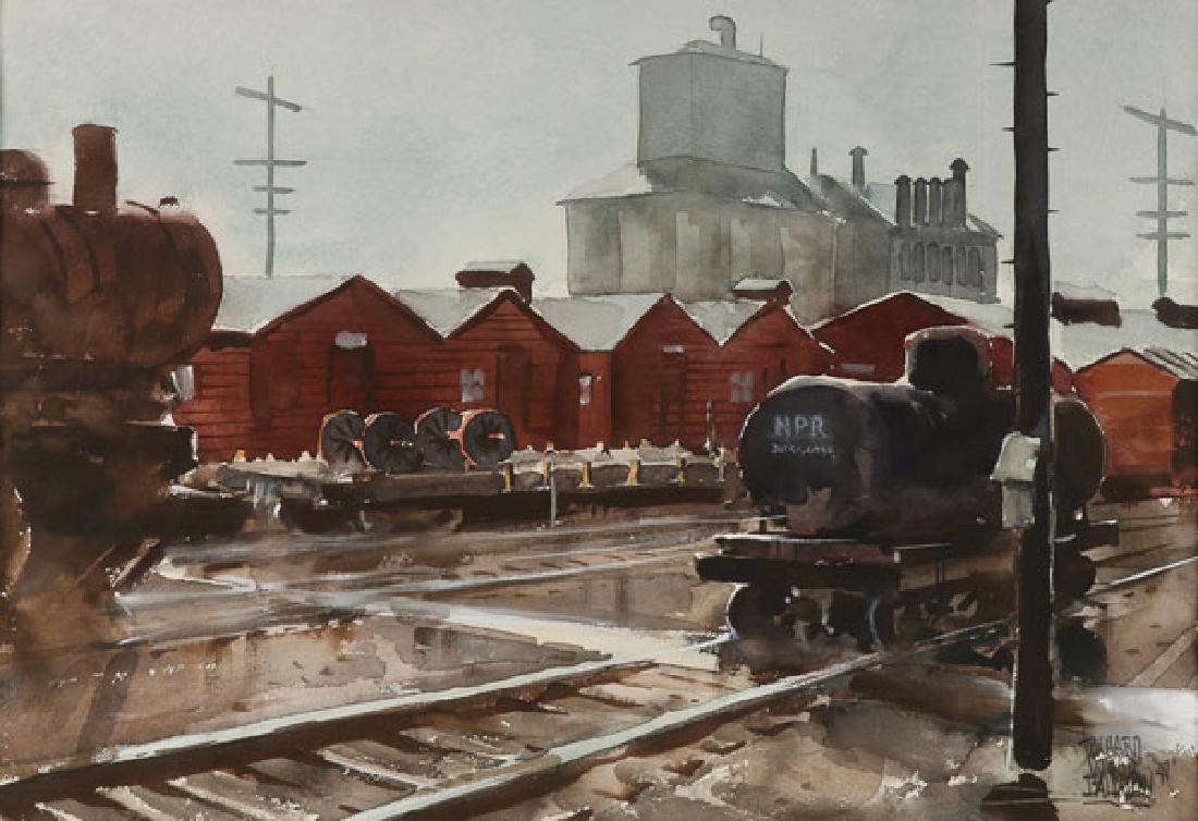 5 FINE INDUSTRIAL TRAIN WATERCOLORS LISTED ARTIST 1947: A GROUP OF FIVE INDUSTRIAL WATECOLORS OF TRAIN YARDS (CIRCA 1947) BY RICHARD BALDWIN (1920-2012). Each rendered in watercolor on paper, each signed lower right, one dated 1947, approximate average siz