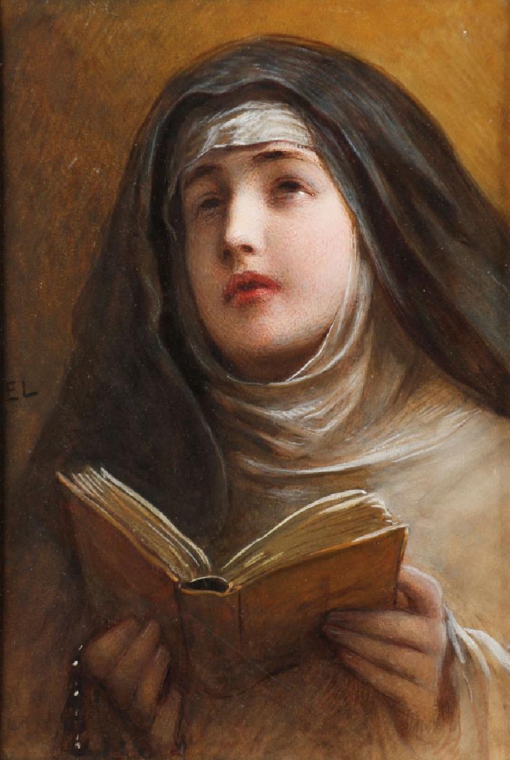 FINE 19TH CENTURY WATERCOLOR OF NUN INITIALED: CONTINENTAL SCHOOL(19th century) A Nun in Prayer Watercolor and gouache Signed EL middle left 12.25 inches x 8.5 inches (31.1 x 21.6 cm) SHIPPING NOTICE: Jackson's is your s