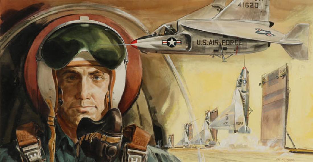 ORIGINAL ILLUSTRATION ARTWORK BY ROY ANDERSEN C. 1955: ROY ANDERSEN(American b. 1930)U.S. Airforce Test Pilot with Ryan X13 Vertical Takeoff Jet in Background - an illustrationWatercolor and gouache on paperSigned lower right10.25 inches x 19.75 inches