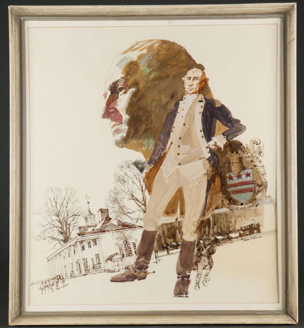 ORIG ILLUSTRATION ART GEORGE WASHINGTON BY ROY ANDERSEN: ROY ANDERSEN(American b. 1930)George Washington at Mount Vernon - circa 1976Pen, ink, watercolor, gouache, and acrylic on illustration boardSigned lower right23 inches x 21 inches SHIP