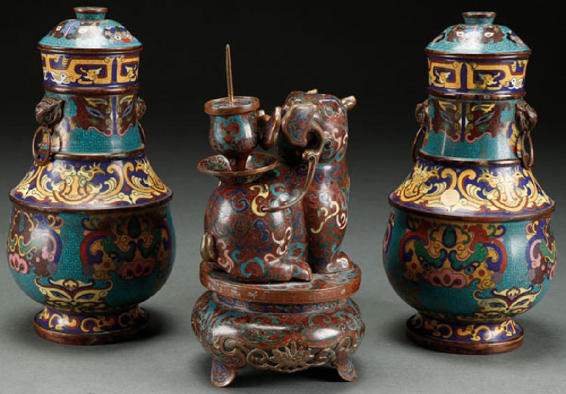 A  3PC VINTAGE GROUP OF CHINESE ENAMELED BRONZE (1 of 1)