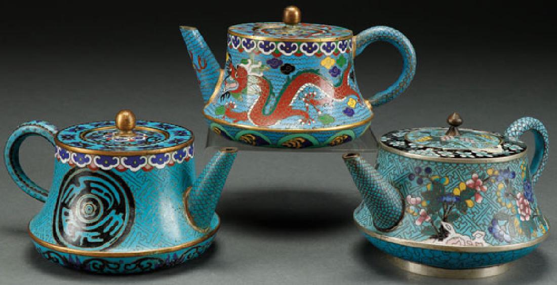 THREE VINTAGE CHINESE ENAMELED BRONZE TEAPOTS (1 of 3)
