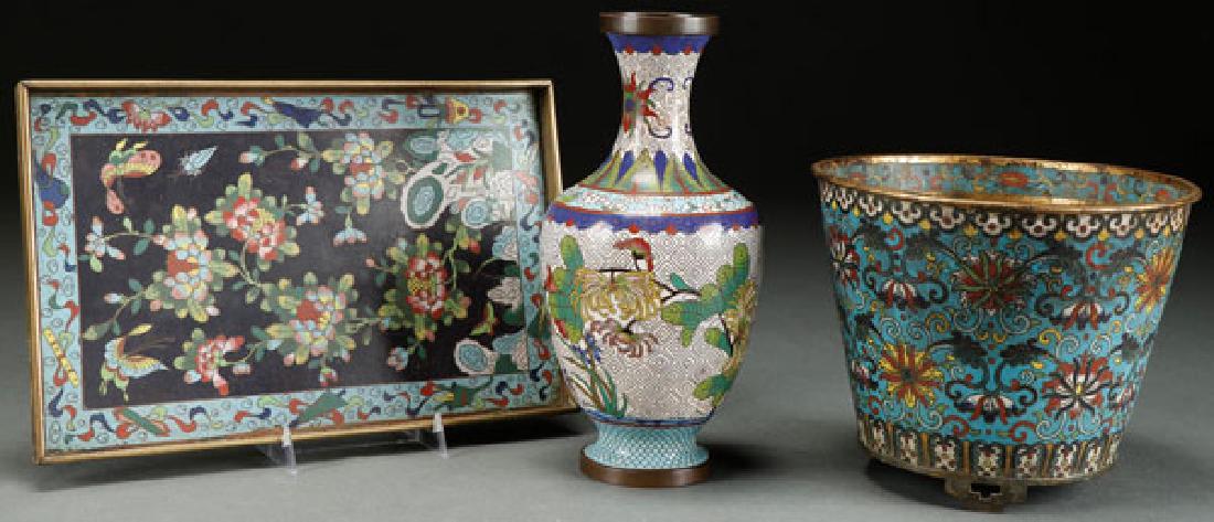 A CHINESE QING DYNASTY JARDINIERE AND ENAMELED TRAY: A CHINESE QING DYNASTY JARDINIÃˆRE AND ENAMELED TRAY. The jardiniÃ¨re with Ming style interlocking flowers and the tray with lotus blossoms, insects, and Buddhist symbols. Together with a later fl