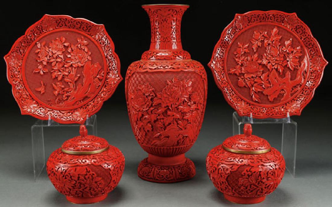 A FIVE PIECE GROUP OF CHINESE CARVED CINNABAR RED (1 of 1)