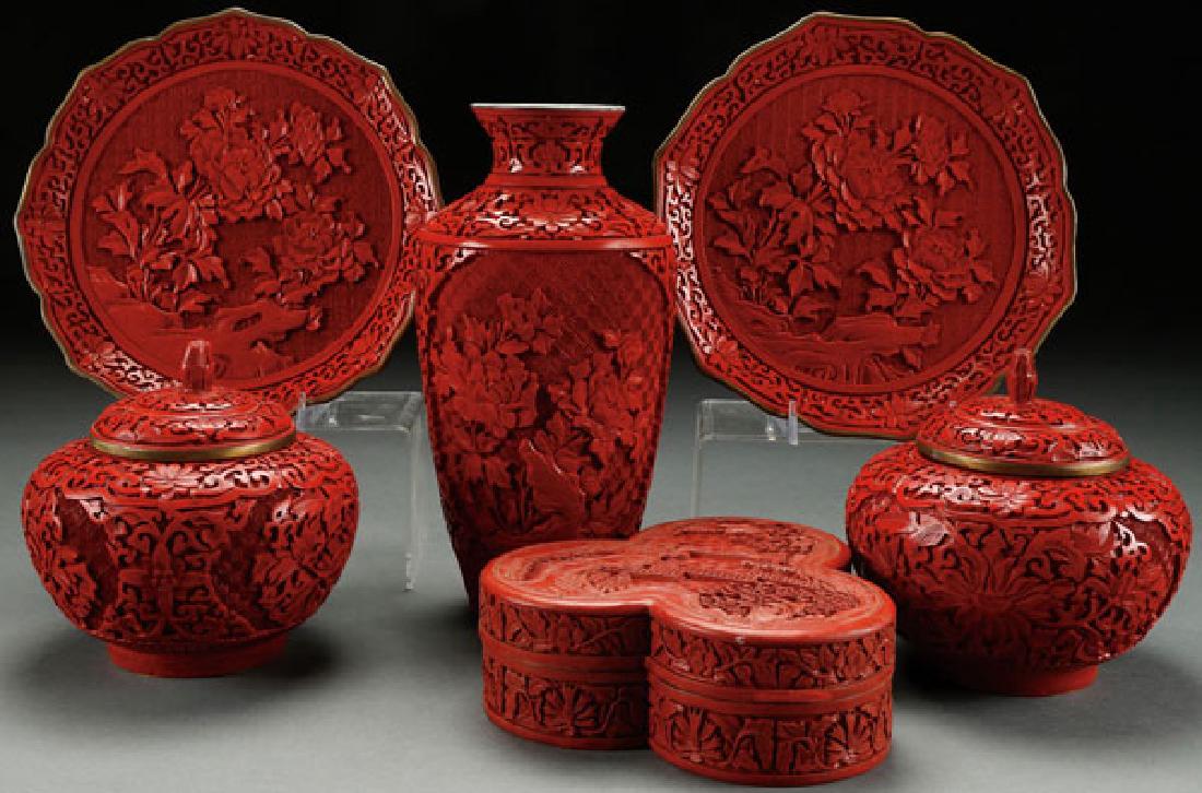 A SIX PIECE GROUP OF CHINESE CARVED CINNABAR (1 of 1)
