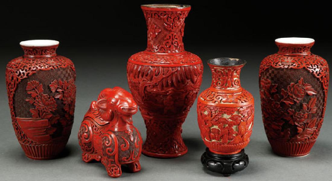 A FIVE PIECE GROUP OF CHINESE CARVED CINNABAR RED (1 of 1)