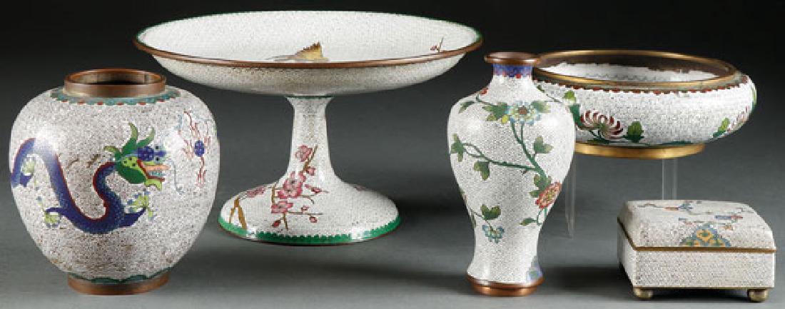A 5 PC GROUP OF CHINESE "WHITE GROUND"  CLOISONNE (1 of 1)