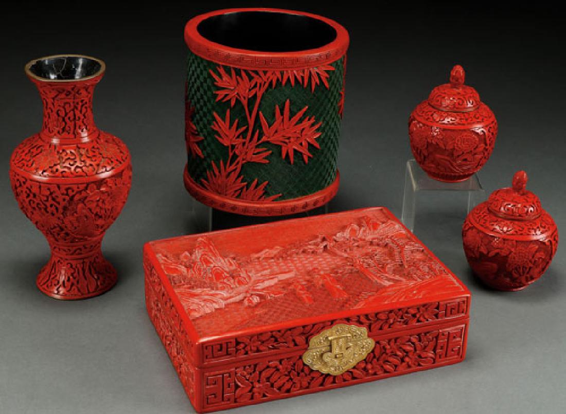 FIVE PIECE  CHINESE CARVED CINNABAR RED LACQUER (1 of 7)