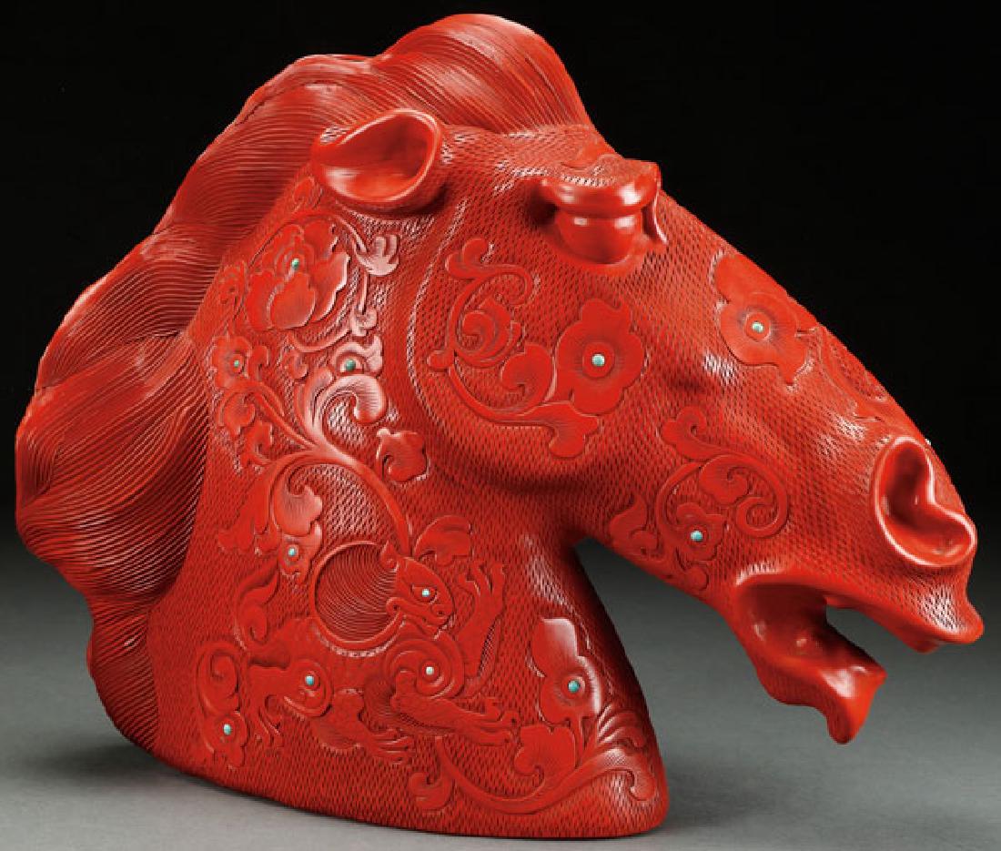 A CHINESE CARVED CINNABAR RED LACQUER HORSEHEAD (1 of 1)