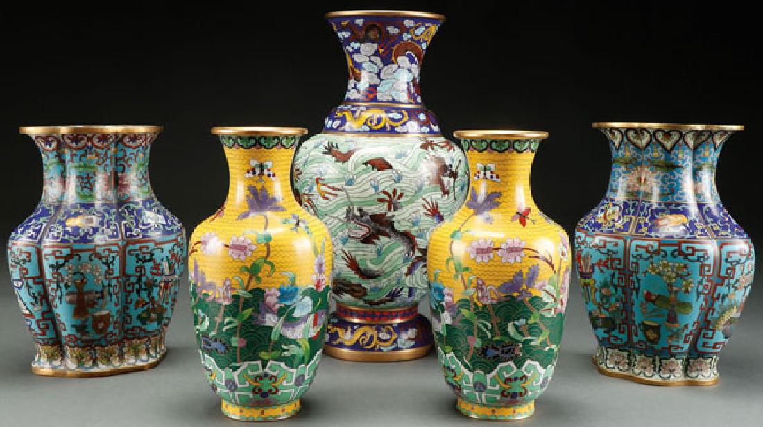 FIVE CHINESE ENAMELED CLOISONNE BRONZE VASES (1 of 1)